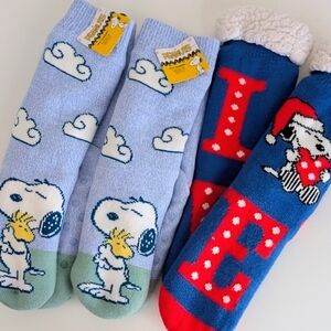3 Pairs PEANUTS Snoopy Cozy Slipper Socks Sherpa Lined Gripper Sky Blue Love NEW